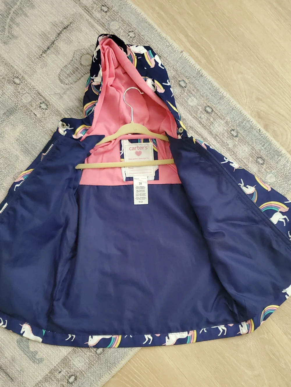 Carters Toddler Girls Rainbow Unicorn Rain Jacket Hooded Coat Sz3T
